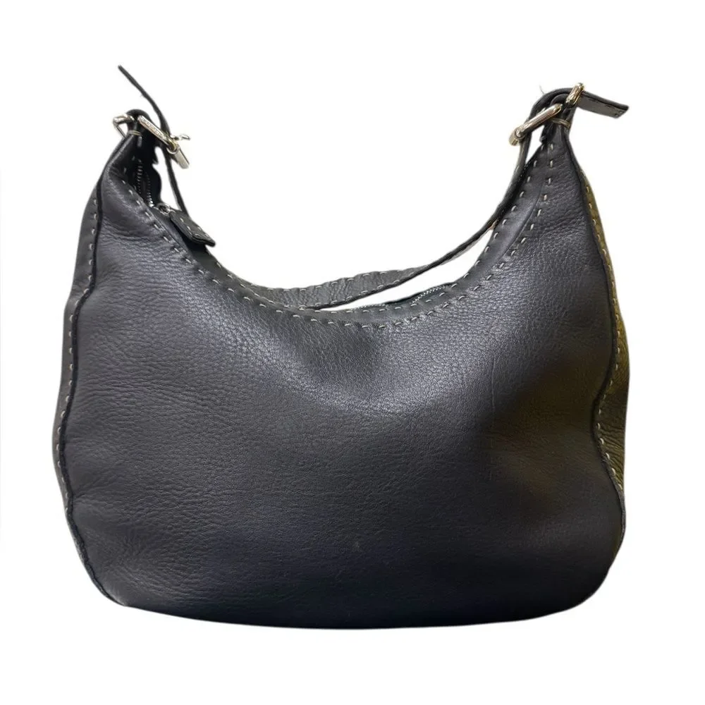 FENDI Midnight Navy Blue Selleria Leather Contrast White Top Stitching Hobo Bag